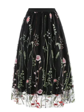 1950s Floral Embroidered Mesh Skirt