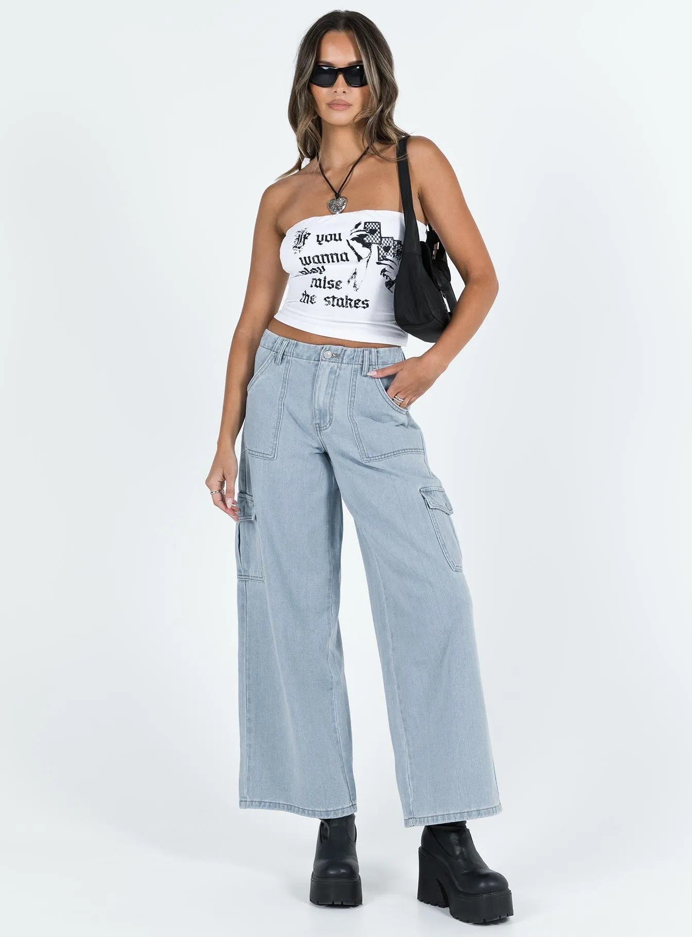 Adrianne Wide Leg Cargo Jeans Light Wash Denim