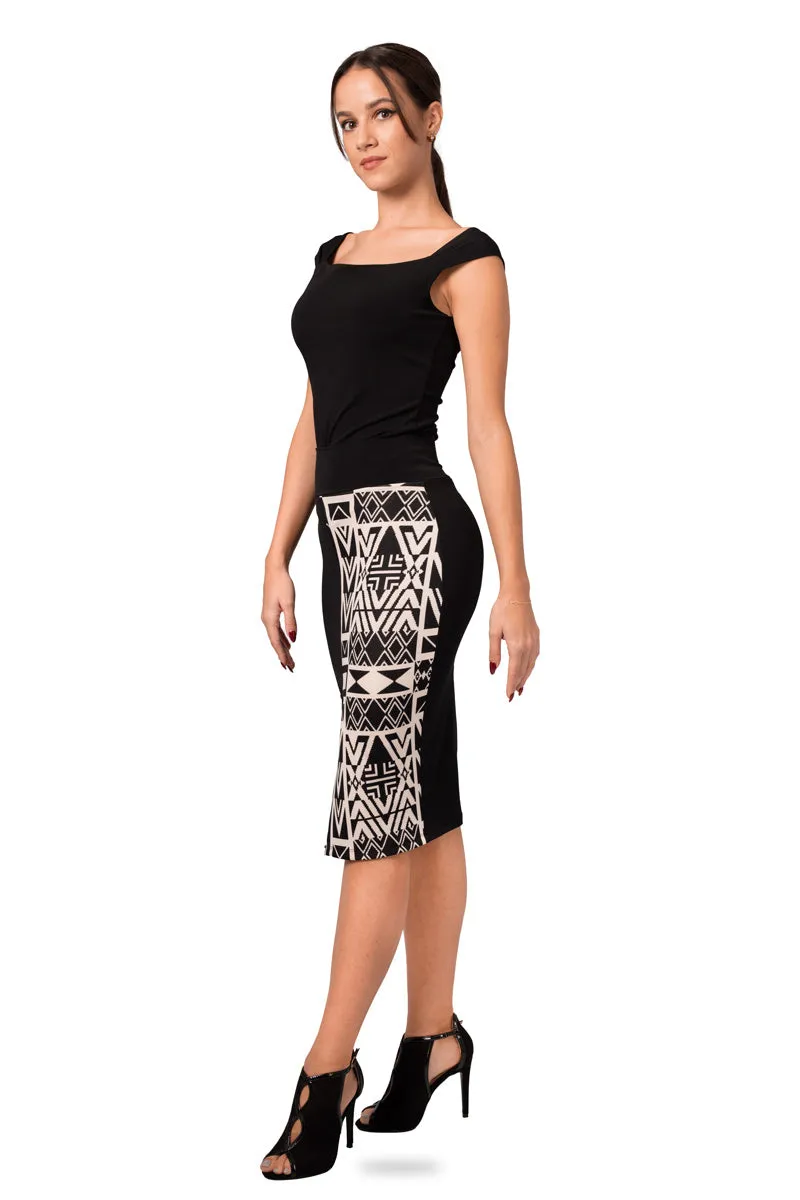 Black Pencil Skirt With Black And Beige Inca Pattern