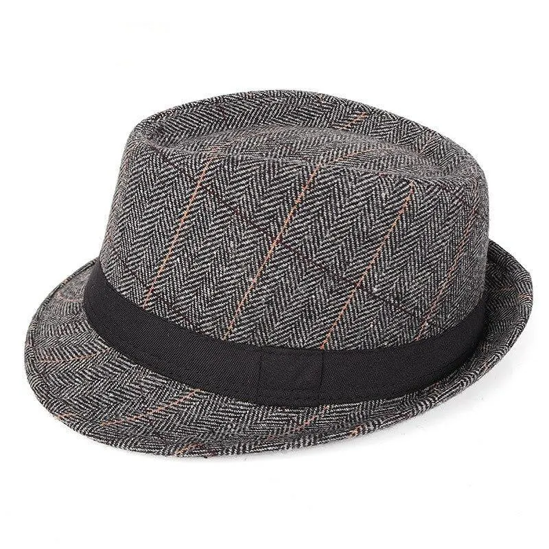 British Style Short Brim Plaid Fedora Trilby Hat with Black Hatband