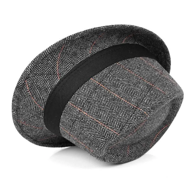 British Style Short Brim Plaid Fedora Trilby Hat with Black Hatband