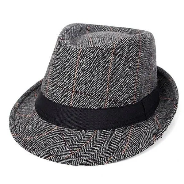 British Style Short Brim Plaid Fedora Trilby Hat with Black Hatband