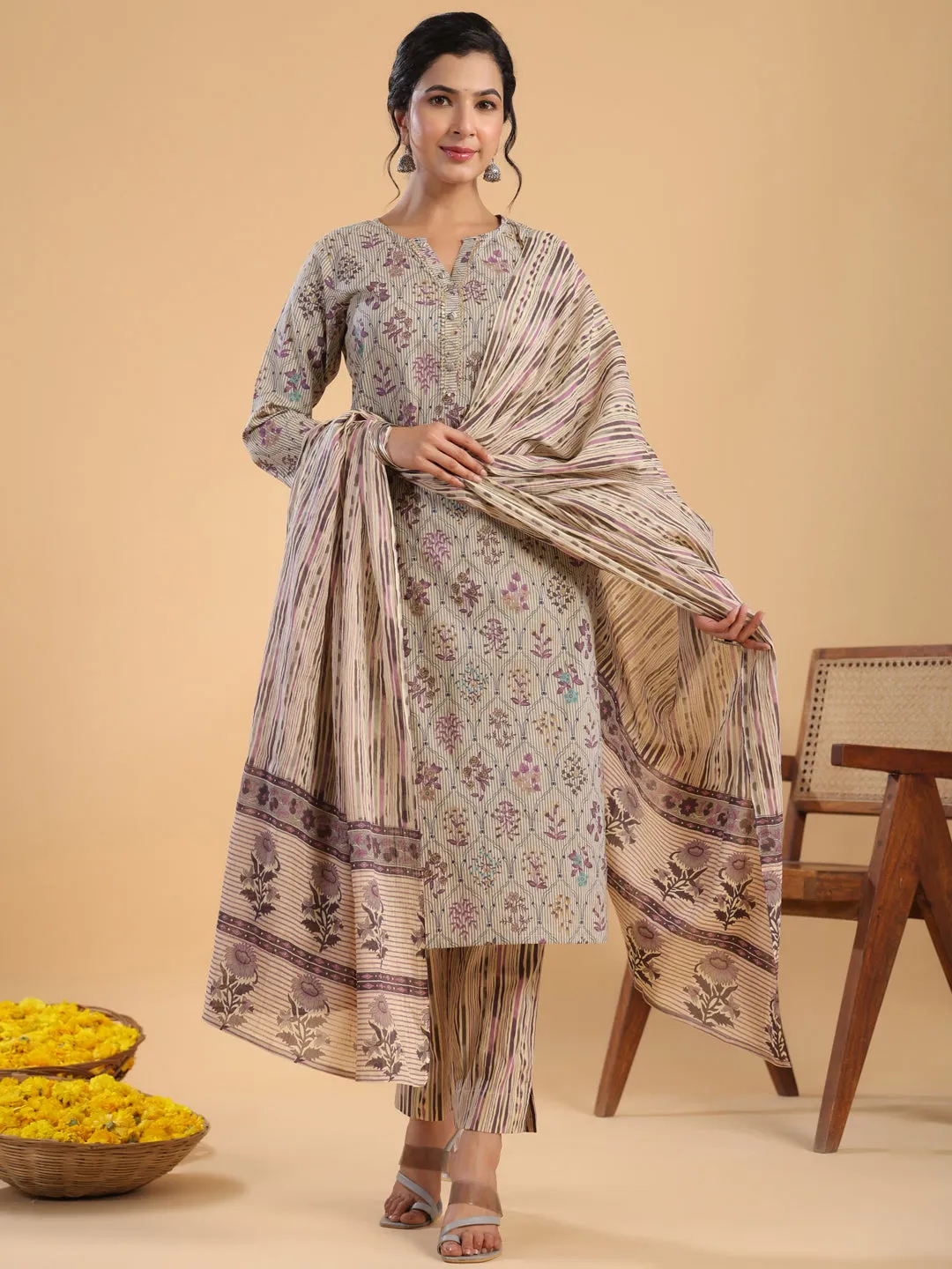 Cream Cotton Floral Regular Kurta Set