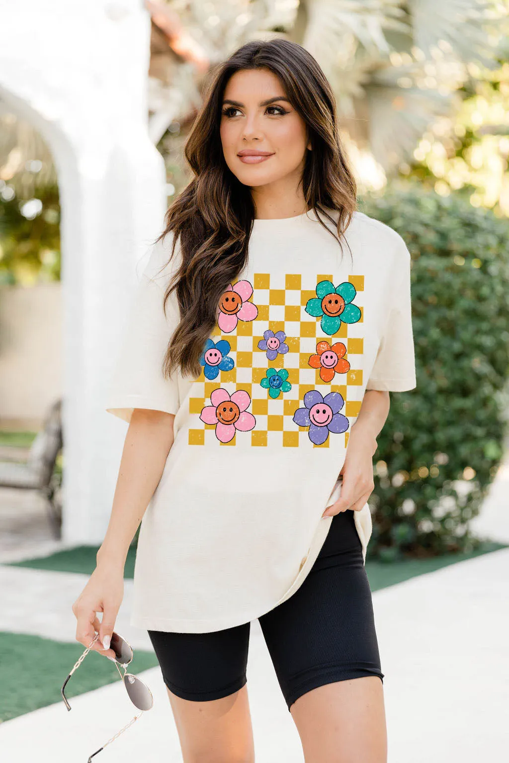 Daisy Checkered Ivory Oversized Graphic Tee