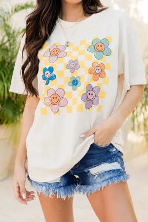 Daisy Checkered Ivory Oversized Graphic Tee