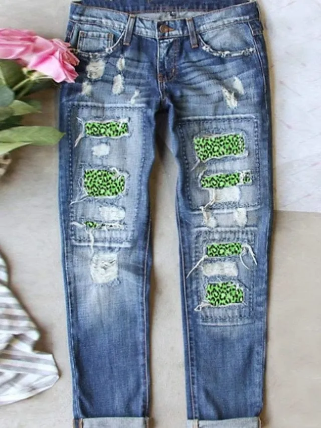 Deep Green and Deep Pink Women's Full Length Medium Waist Denim Jeans