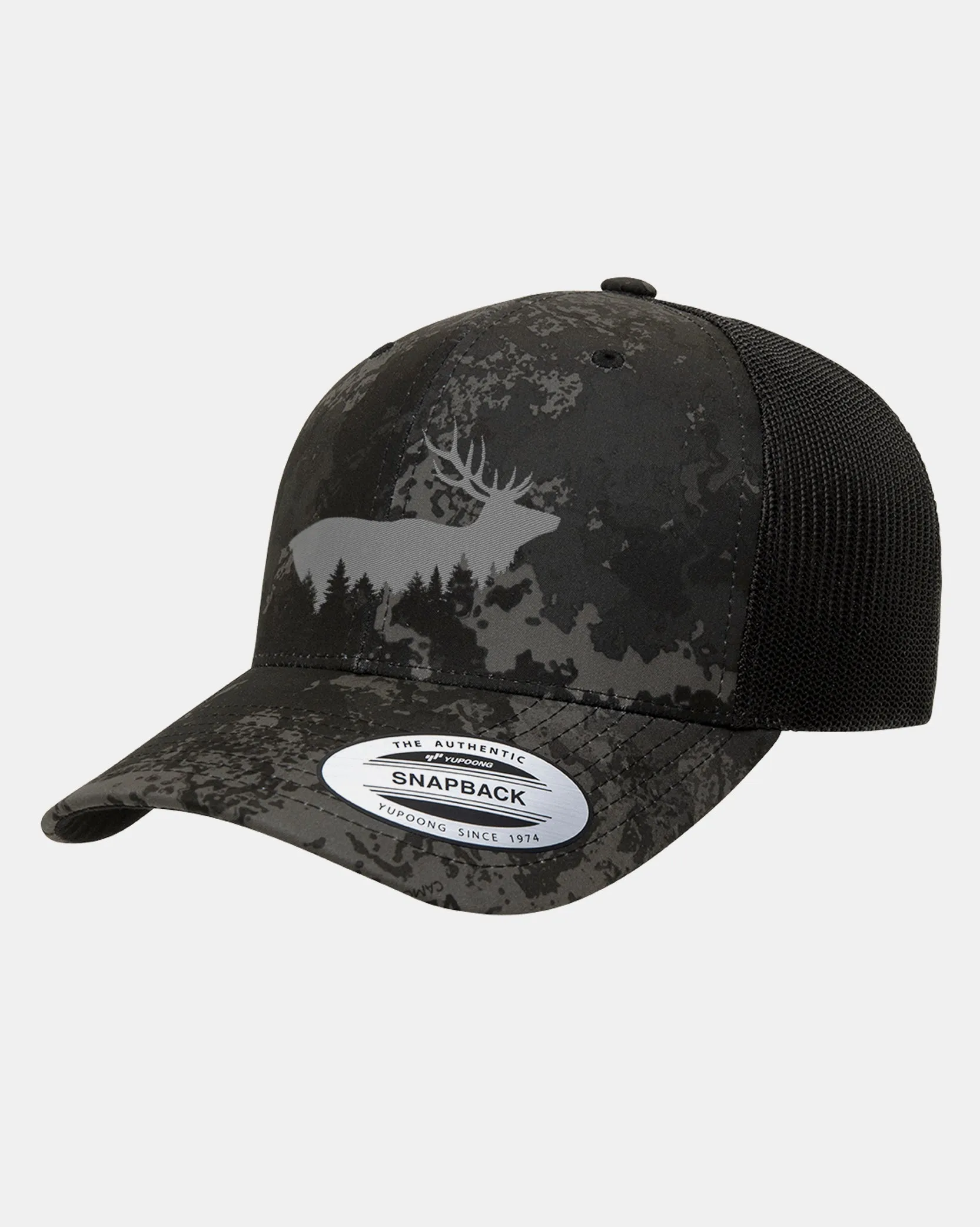 Elk Above Tree Line Midnight Camo Trucker Hat