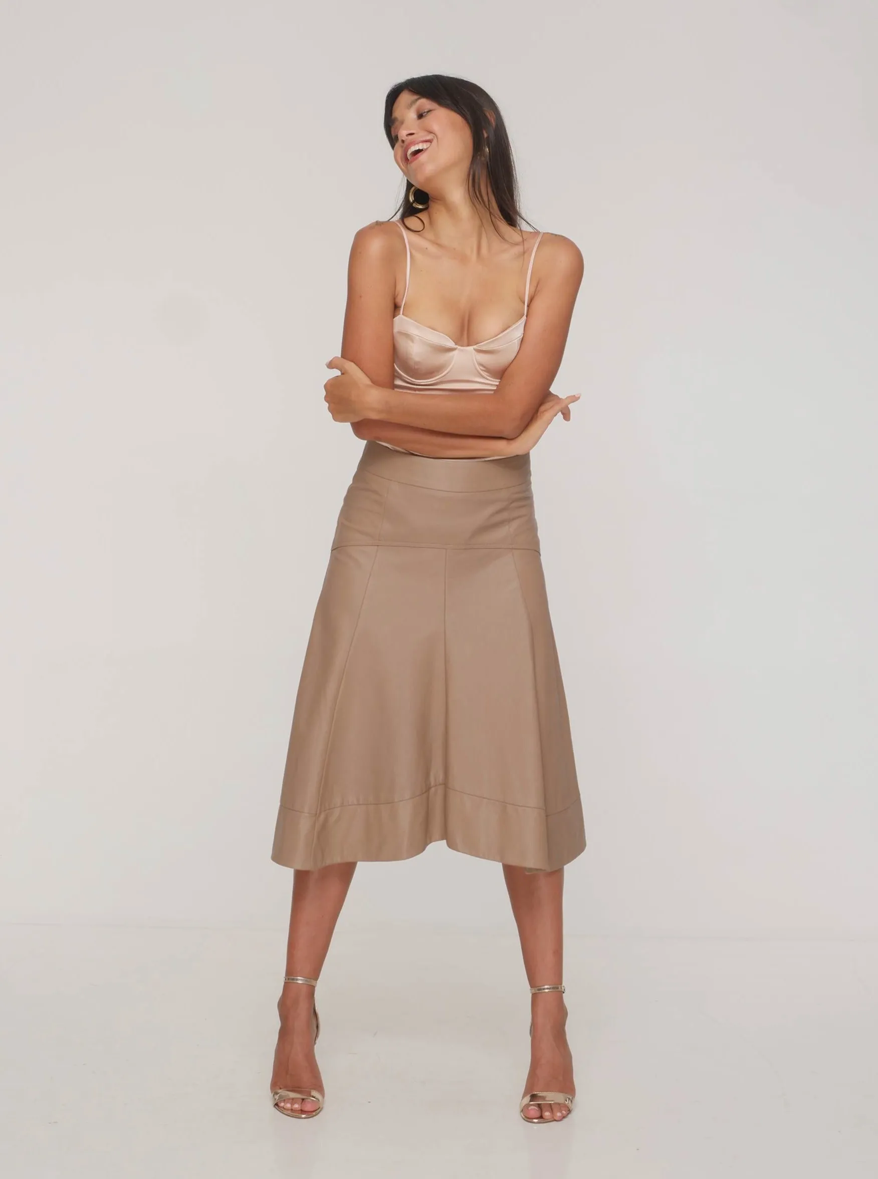 GISELLE LEATHER MIDI SKIRT - SESAME