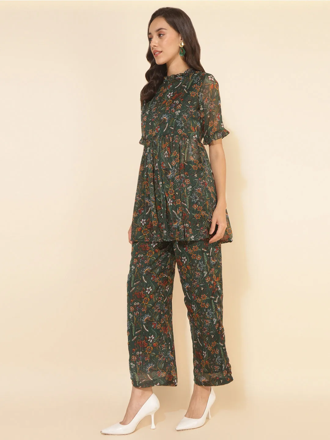 Green Chiffon Lurex Floral Printed Co-ord Set