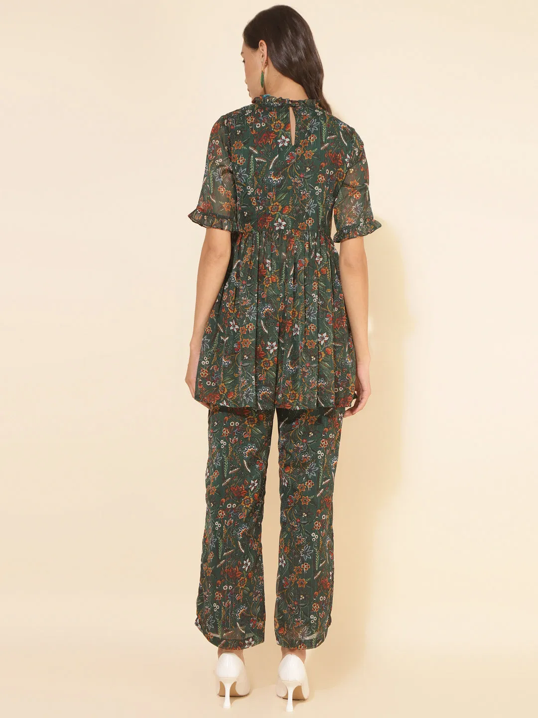 Green Chiffon Lurex Floral Printed Co-ord Set