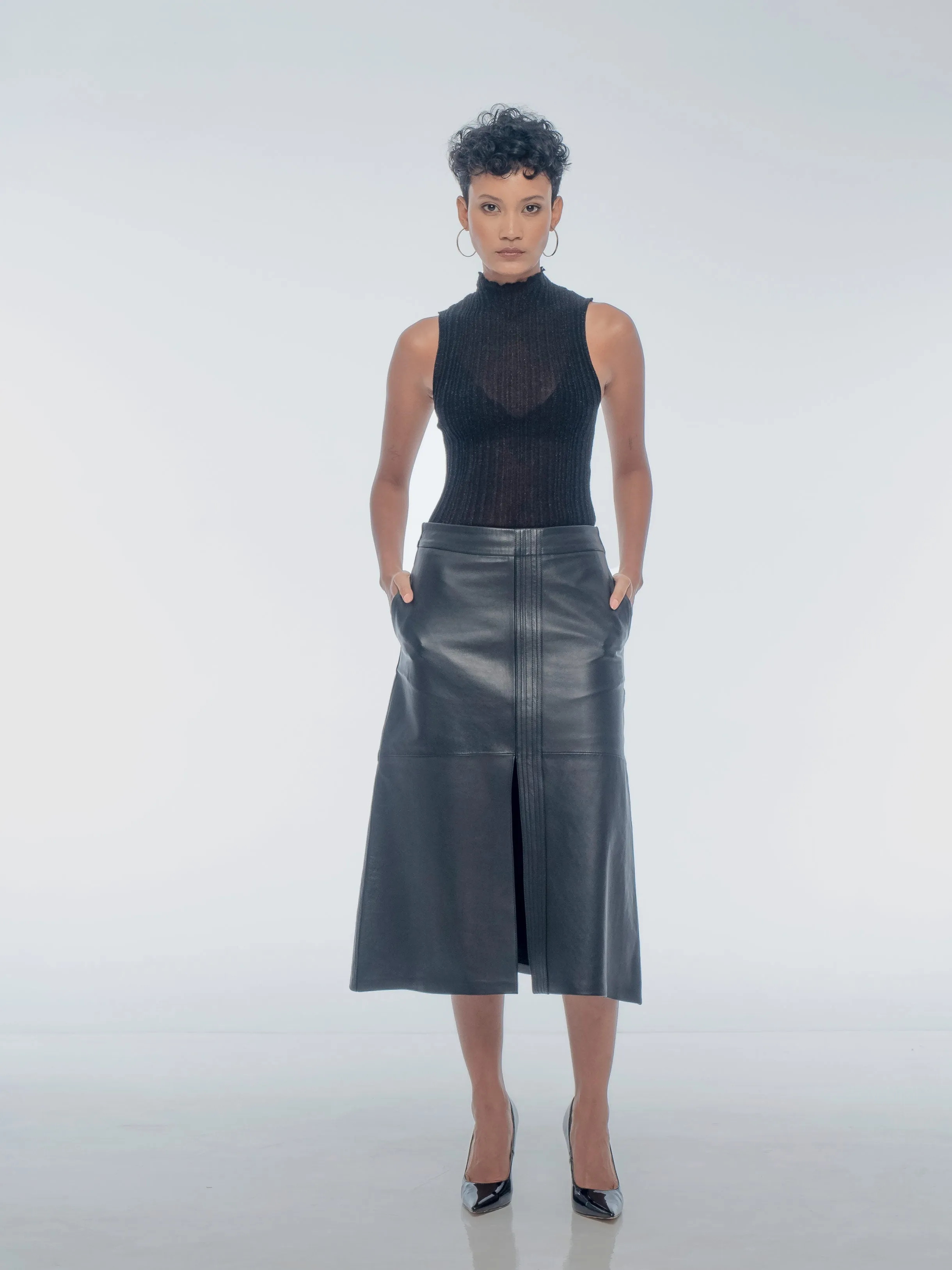 ISABELLA MIDI LEATHER SKIRT - BLACK