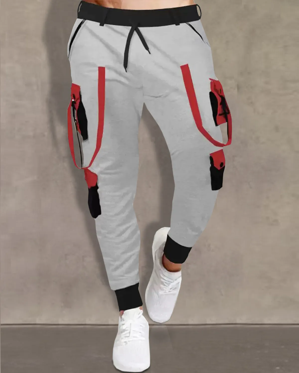 Men Grey-Red Street Casual Fashion Jogger Pants