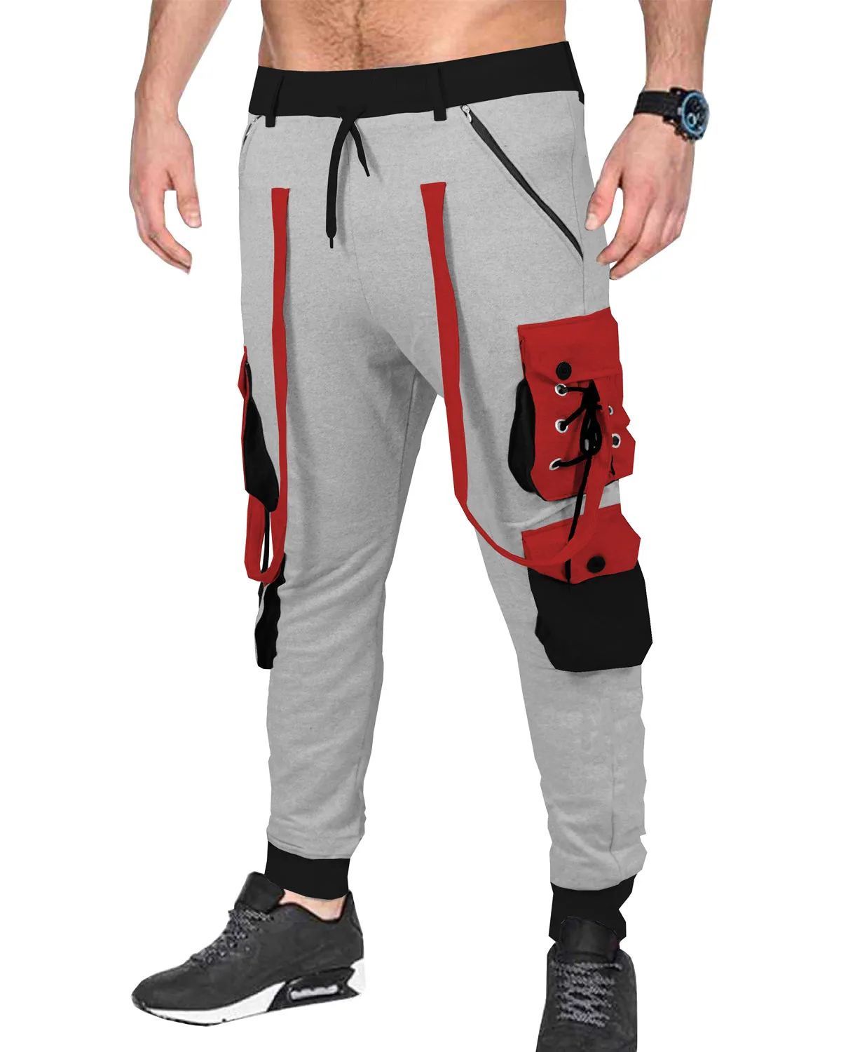 Men Grey-Red Street Casual Fashion Jogger Pants