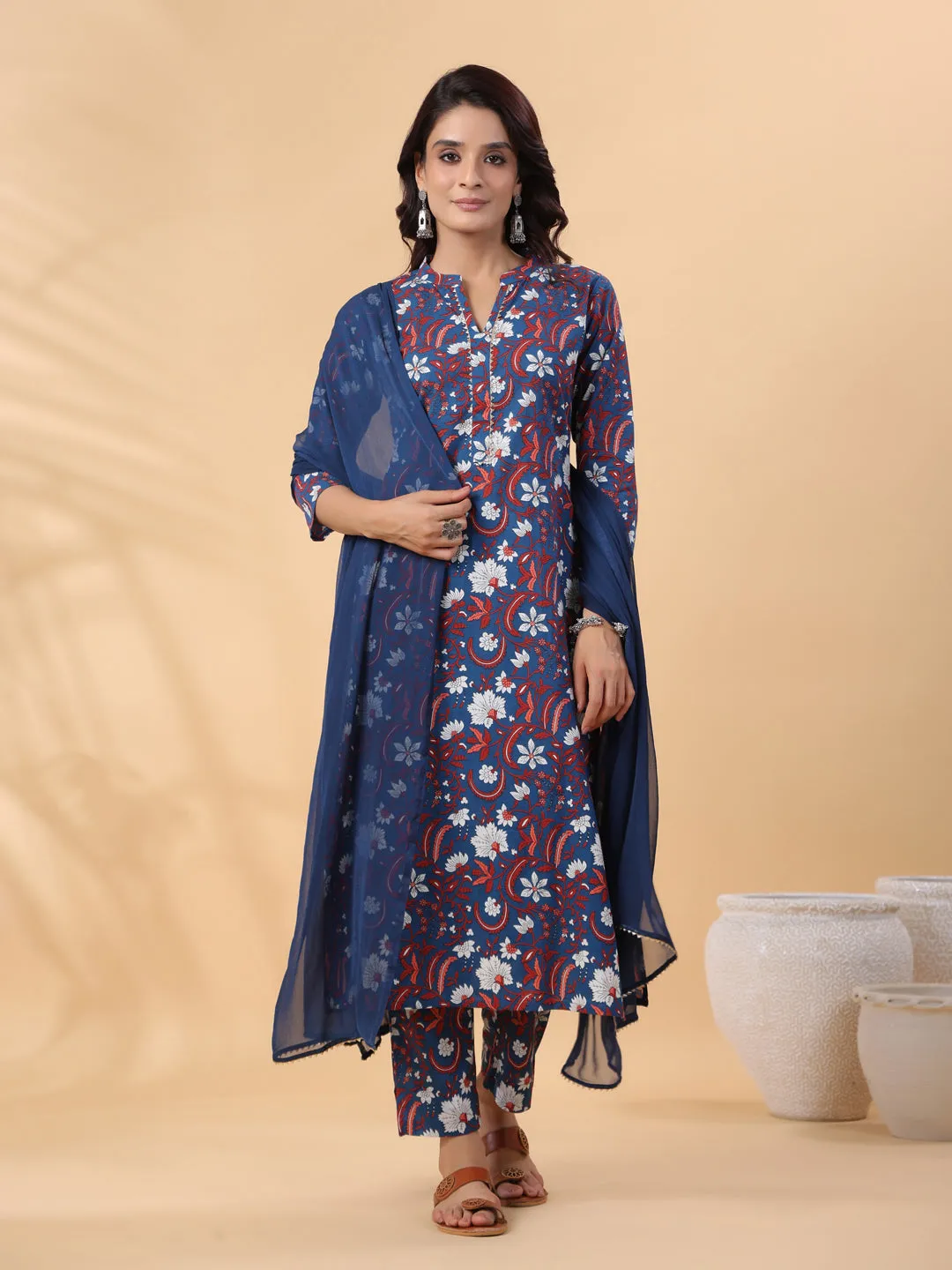 Navy Blue Cotton Floral Regular Kurta Set