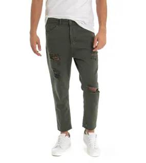 Pantaloni Jeans Uomo Loose Fit Verde Con Rotture Cinque Tasche Casual GIOSAL-P3281A