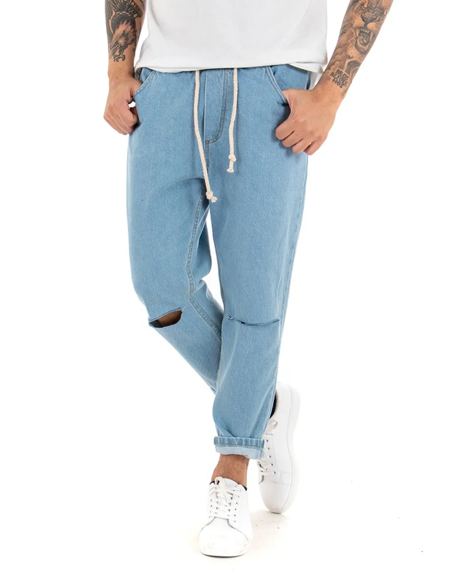 Pantaloni Uomo Jeans Denim Chiaro Rotture Loose Fit Pantalaccio Taglio Al Ginocchio GIOSAL-P4079A