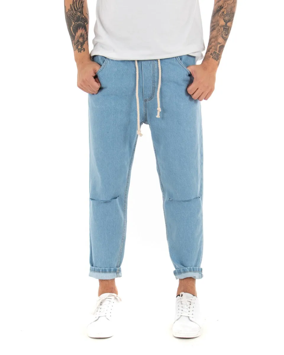 Pantaloni Uomo Jeans Denim Chiaro Rotture Loose Fit Pantalaccio Taglio Al Ginocchio GIOSAL-P4079A