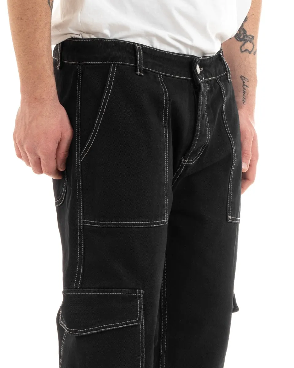 Pantaloni Uomo Lungo Cargo Tasconi Jeans Nero Straight Fit GIOSAL-P5660A