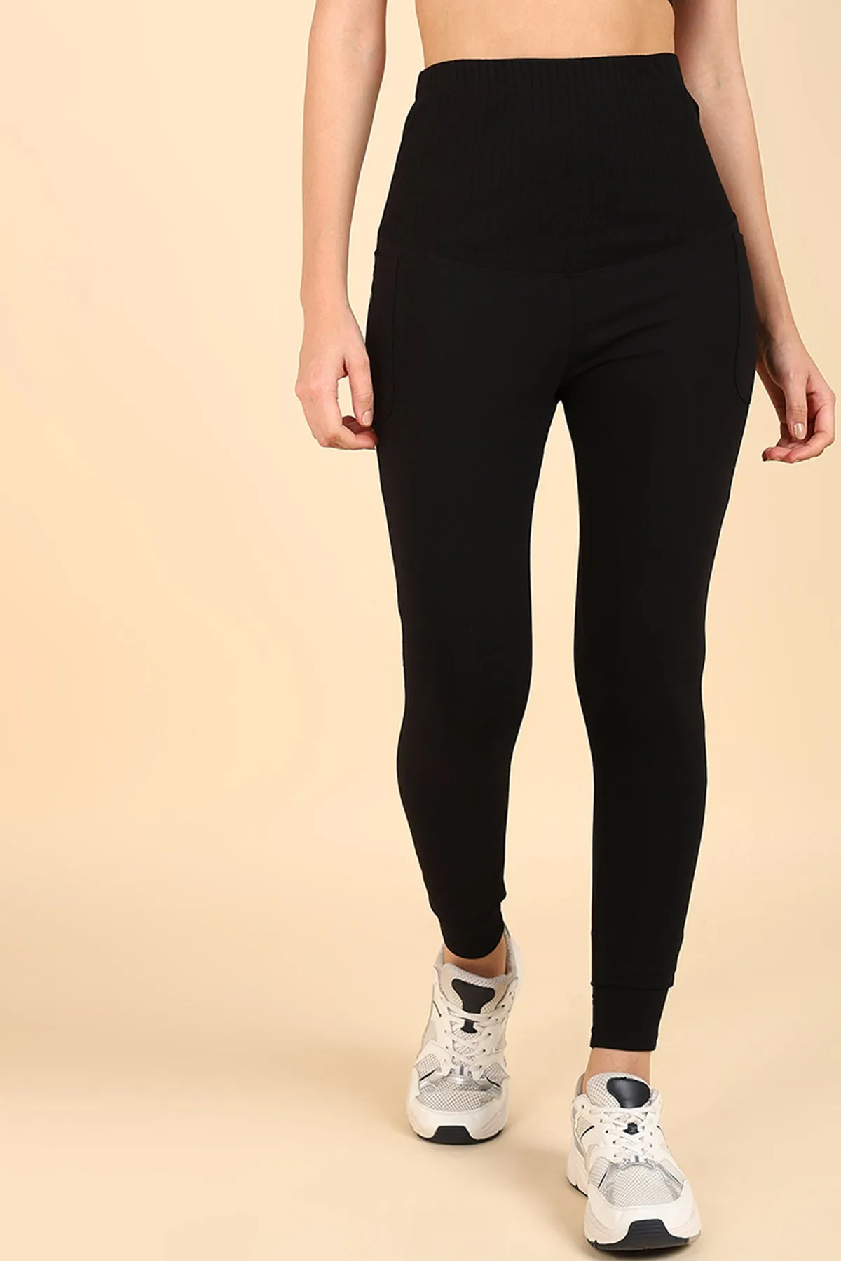 Ribbed Cotton Black Maternity Legging (Pregnancy & Postpartum)