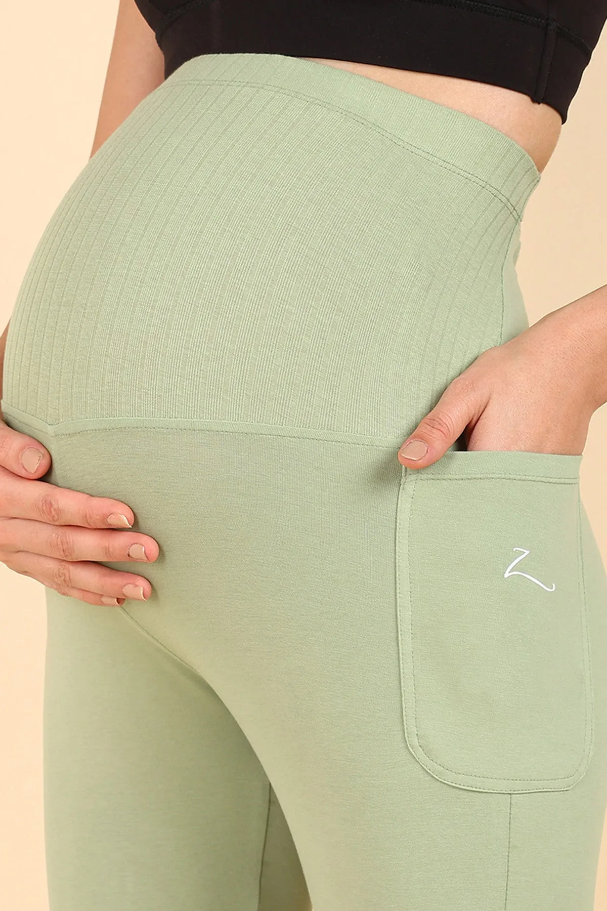 Ribbed Cotton Pistachio Green Maternity Legging (Pregnancy & Postpartum)