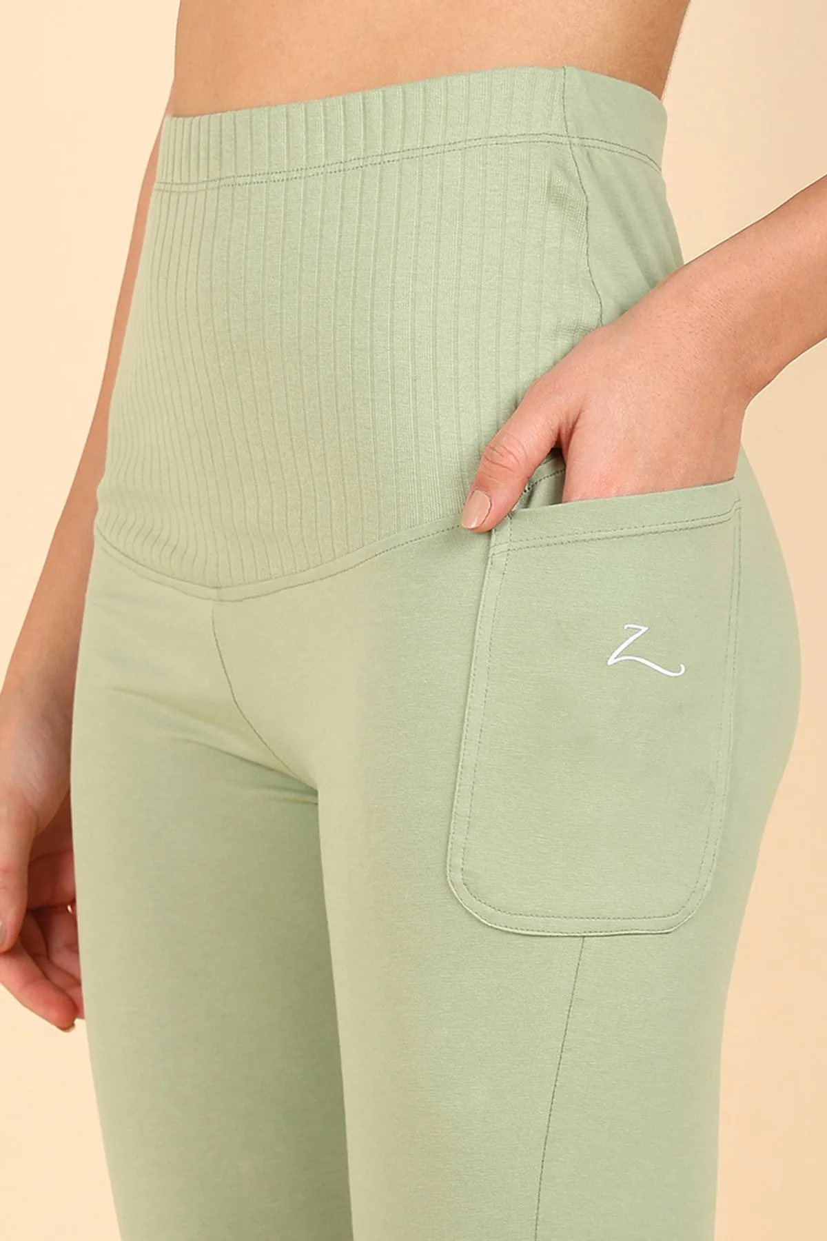 Ribbed Cotton Pistachio Green Maternity Legging (Pregnancy & Postpartum)