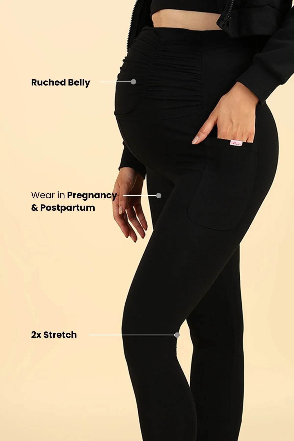 Ruched Cotton Black Maternity Legging (Pregnancy & Postpartum)