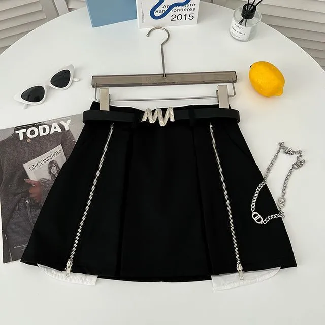 Set: High Waist Pleated Zip Mini A-Line Skirt   Belt EE30