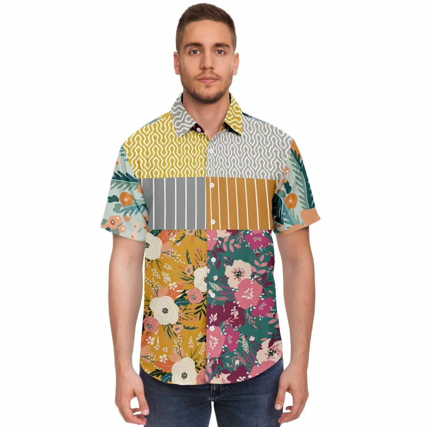 Tallulah Bankhead Floral Ikat Patchwork Short Sleeve Button Down Shirt