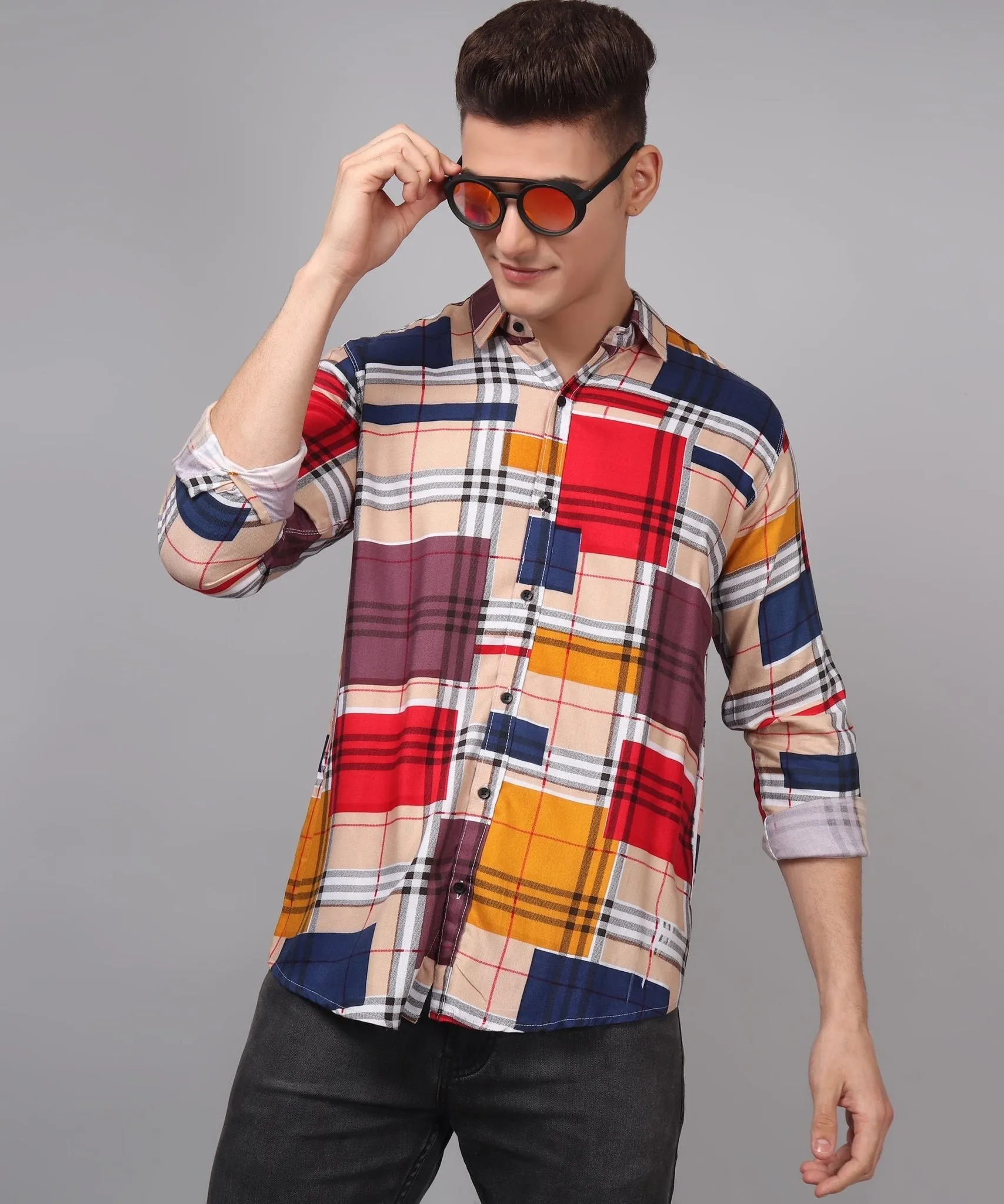 Trybuy Premium Digital Printed Multi-Colored Cotton Button-Up Shirt For Men