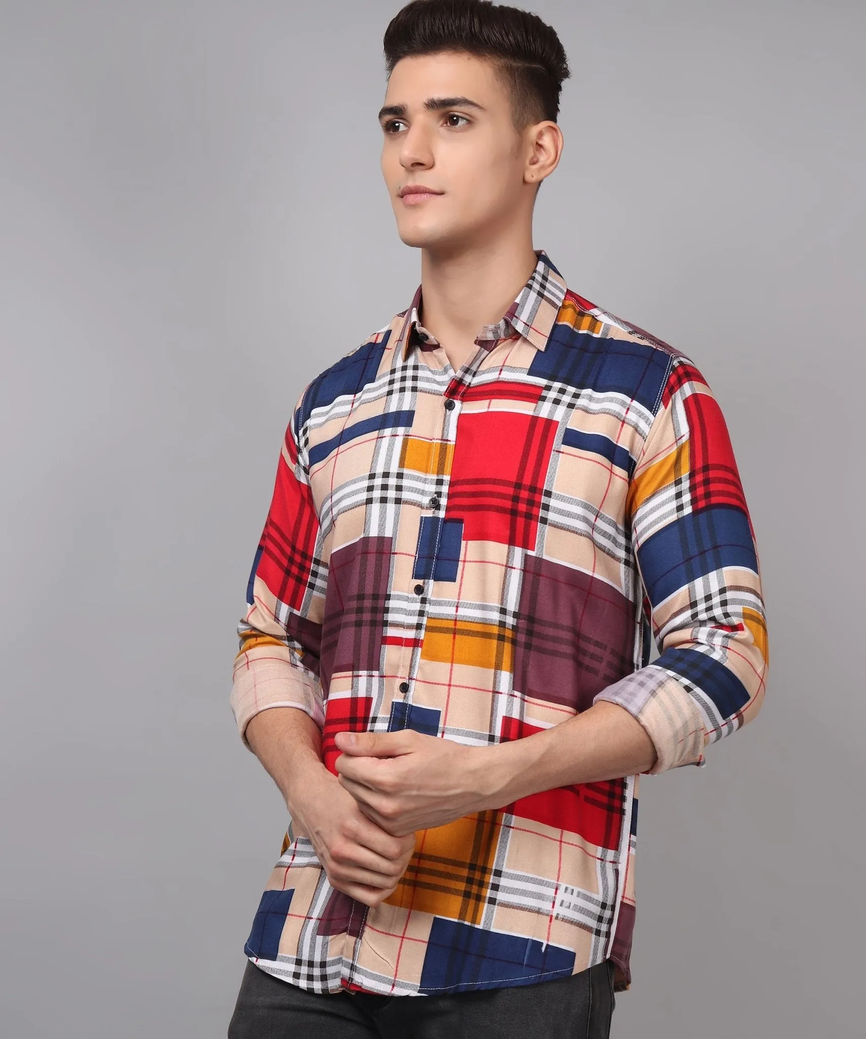 Trybuy Premium Digital Printed Multi-Colored Cotton Button-Up Shirt For Men