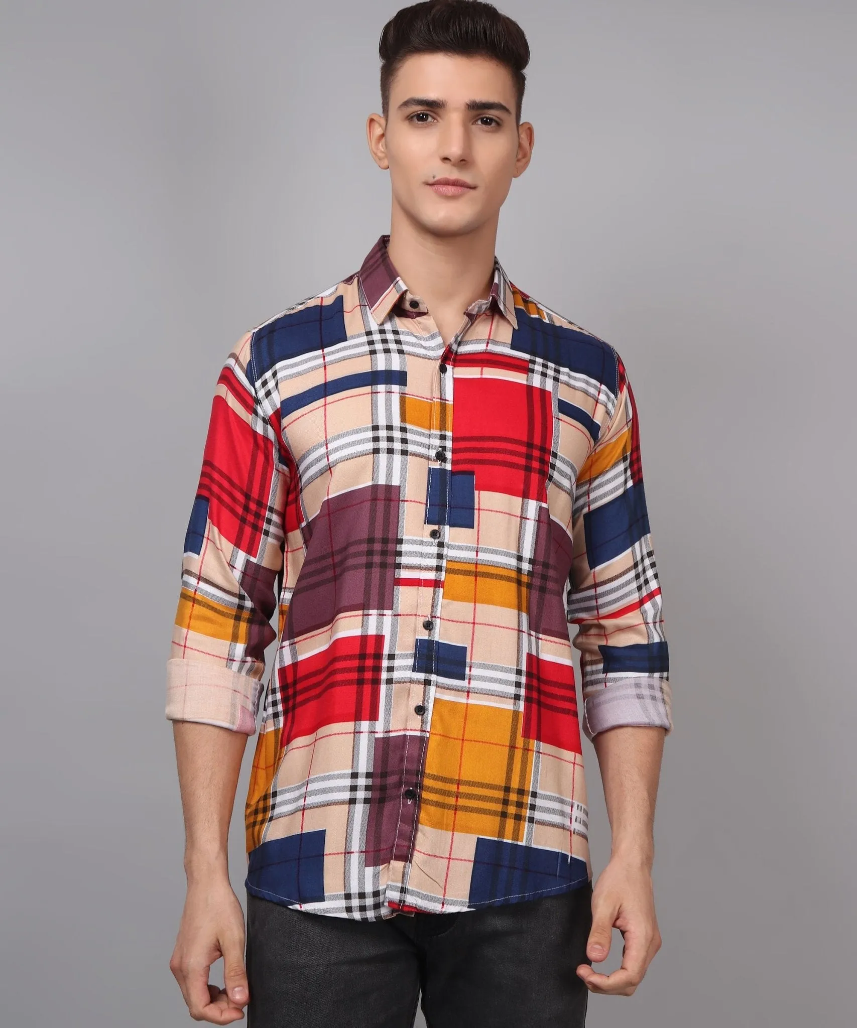 Trybuy Premium Digital Printed Multi-Colored Cotton Button-Up Shirt For Men