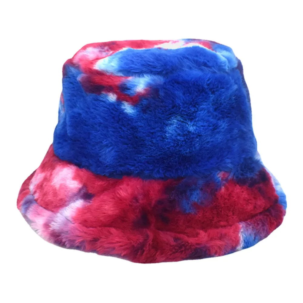 Unisex Faux Rabbit Fur Colorful Gradient Tie-dye Bucket Hat Winter Thicken Warmth Windproof Fashion Sunshade Hat