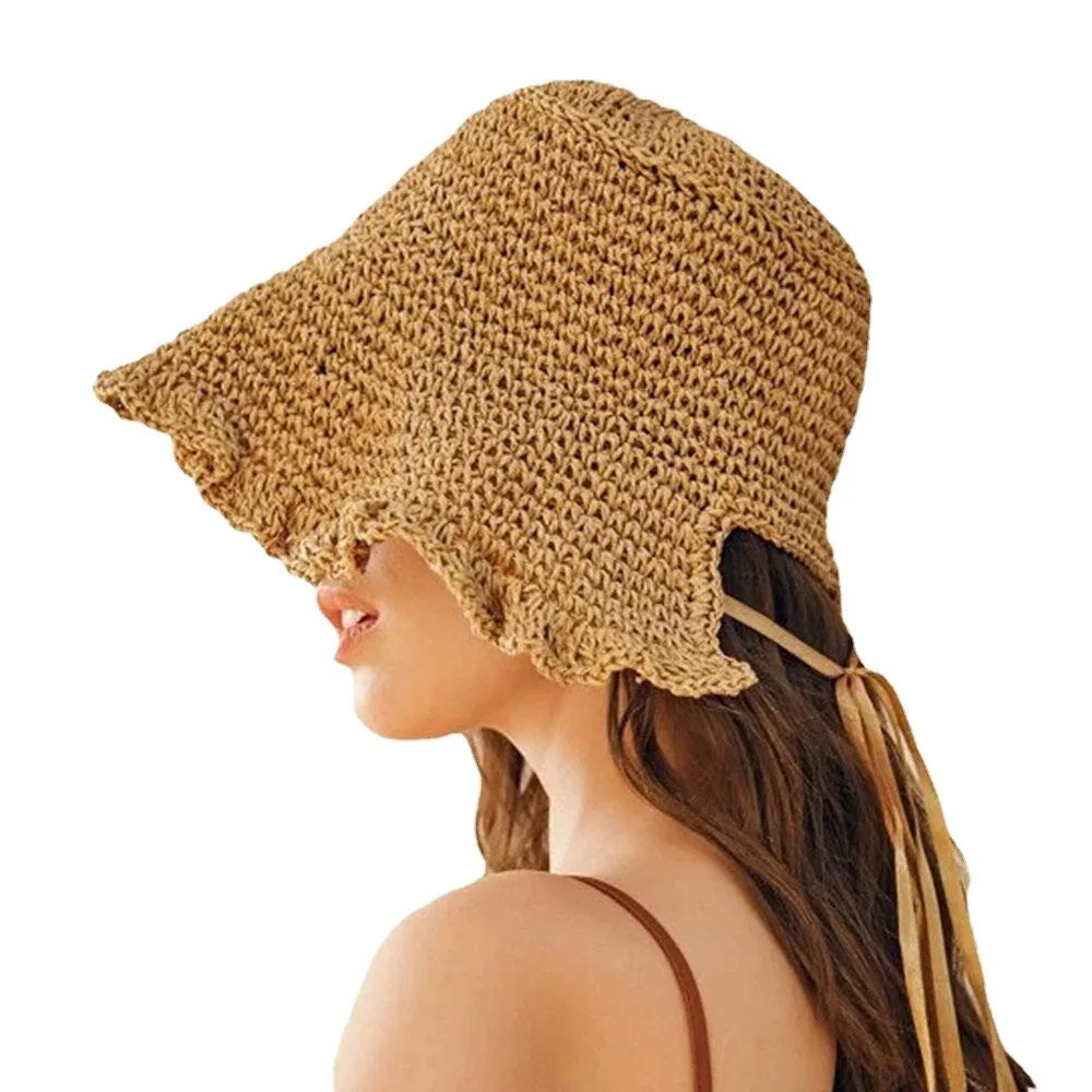 Women Fungus Edge Back Opening Bowknot Straw Hat Summer Sun Protection Bucket Hat