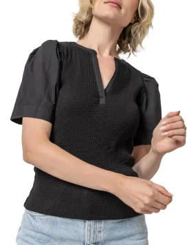 Woven Sleeve Split Neck Top (Black)